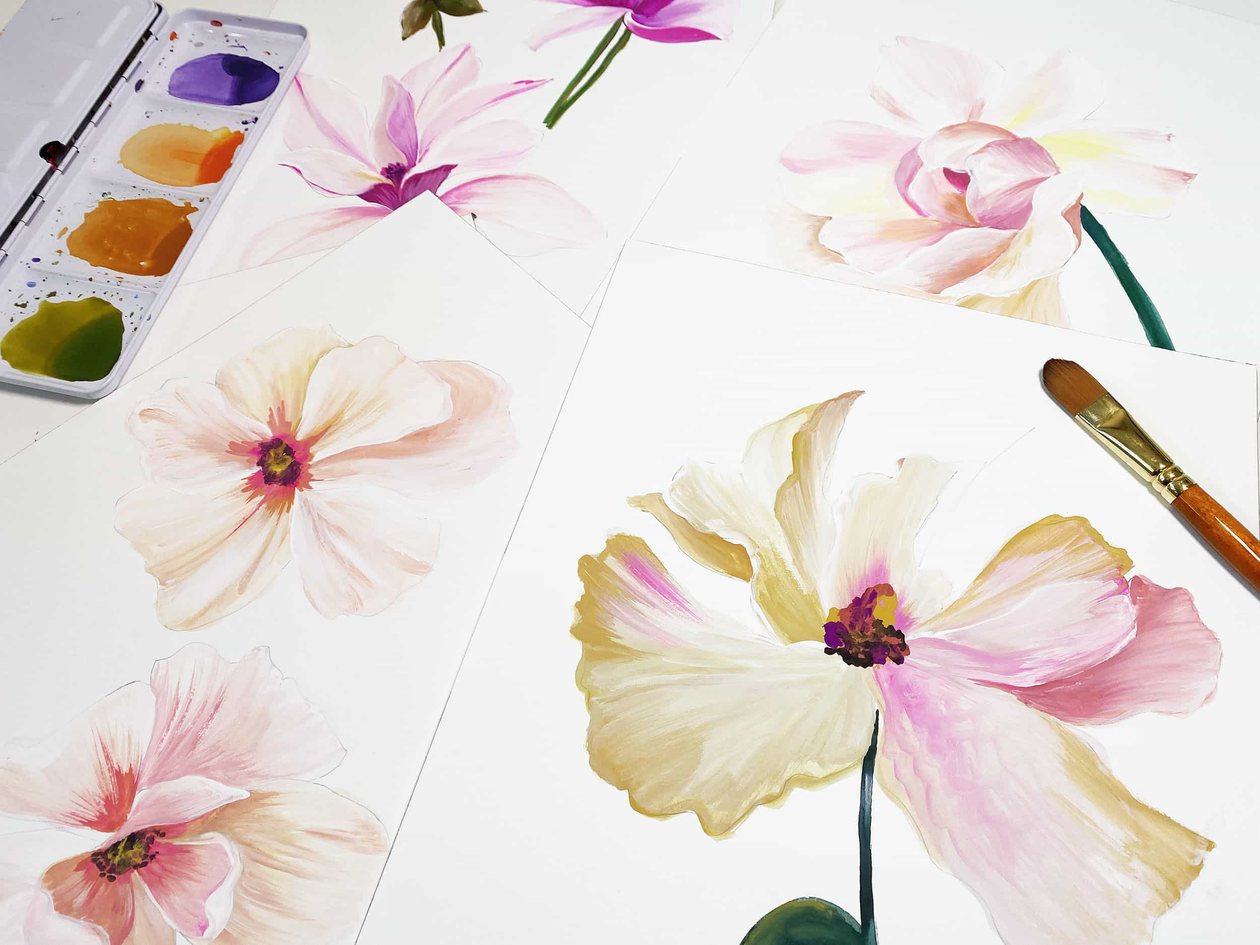 Floral painting art work with paint brush and paints